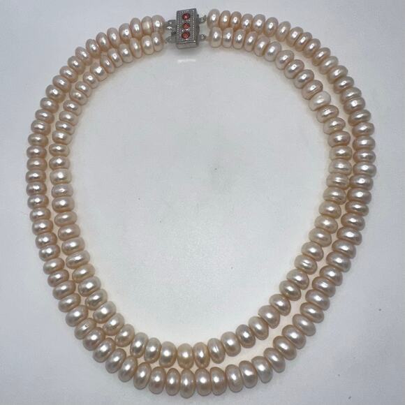 Double 2 two strand pink real freshwater button pearls beads beaded necklace - Picture 1 of 9